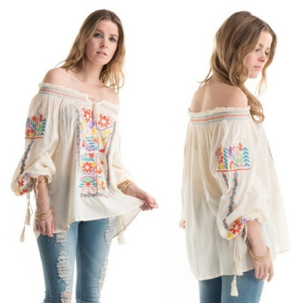 Hippie Boho Off Shoulder Peasant Blouse NWT - Picture 1 of 7